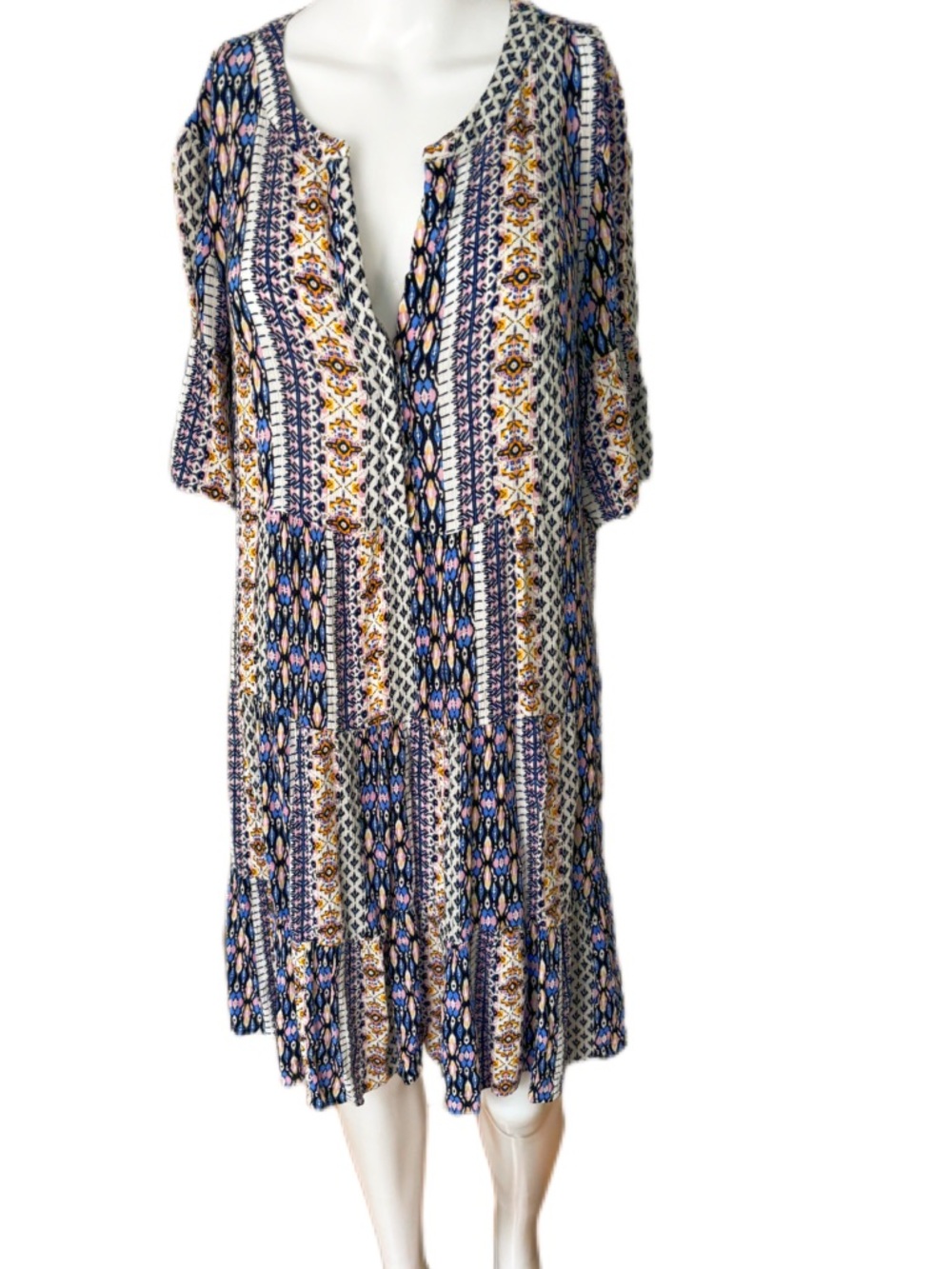 LOFT Multicolor Boho Print Dress in Navy, Pink & Yellow